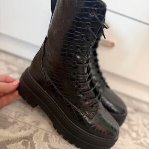 Glossy Black Croc-Pattern Combat Boots